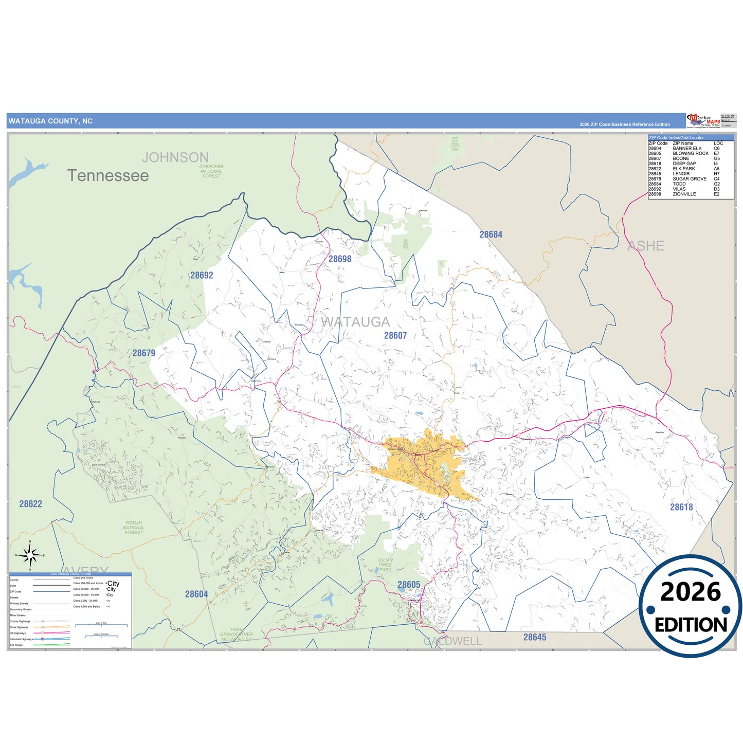 Watauga County, NC Business Reference 5 Digit ZIP Code Wall Map
