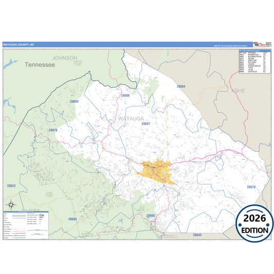 Watauga County, NC Business Reference 5 Digit ZIP Code Wall Map