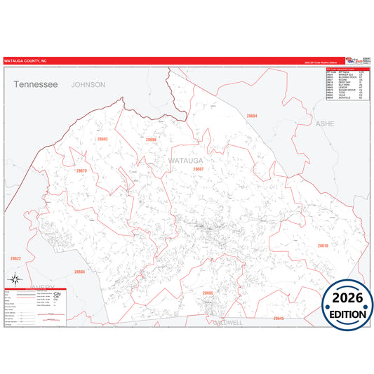 Watauga County, NC Red Line 5 Digit ZIP Code Wall Map