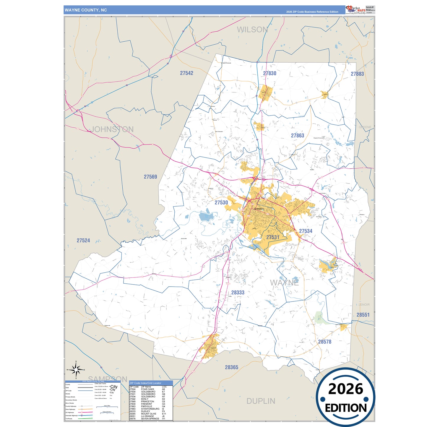 Wayne County, NC Business Reference 5 Digit ZIP Code Wall Map