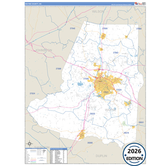Wayne County, NC Business Reference 5 Digit ZIP Code Wall Map
