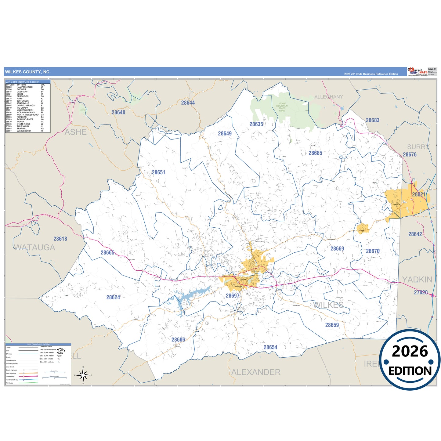 Wilkes County, NC Business Reference 5 Digit ZIP Code Wall Map