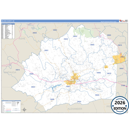 Wilkes County, NC Business Reference 5 Digit ZIP Code Wall Map