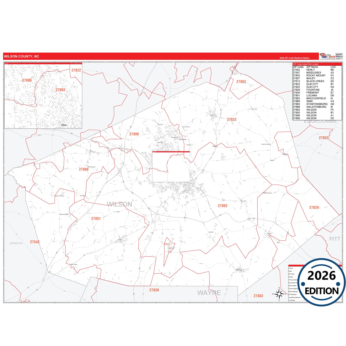 Wilson County, NC Red Line 5 Digit ZIP Code Wall Map