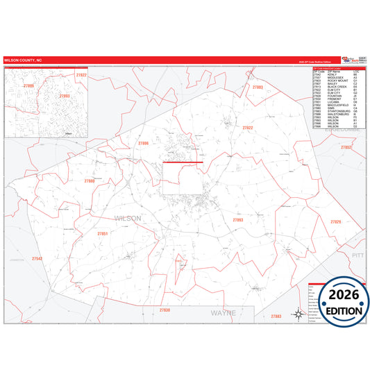 Wilson County, NC Red Line 5 Digit ZIP Code Wall Map