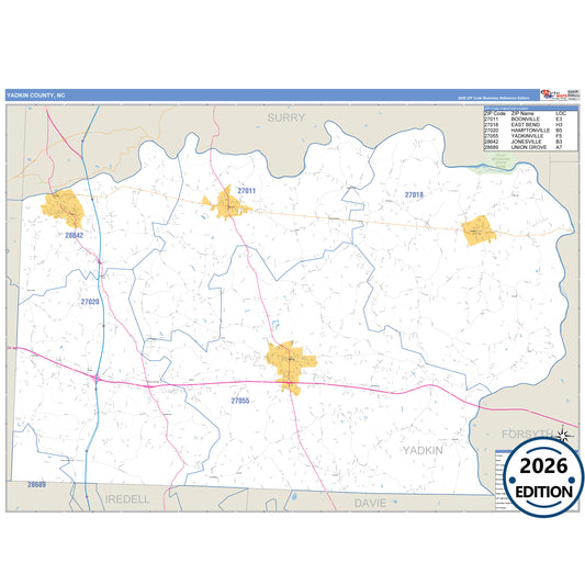 Yadkin County, NC Business Reference 5 Digit ZIP Code Wall Map