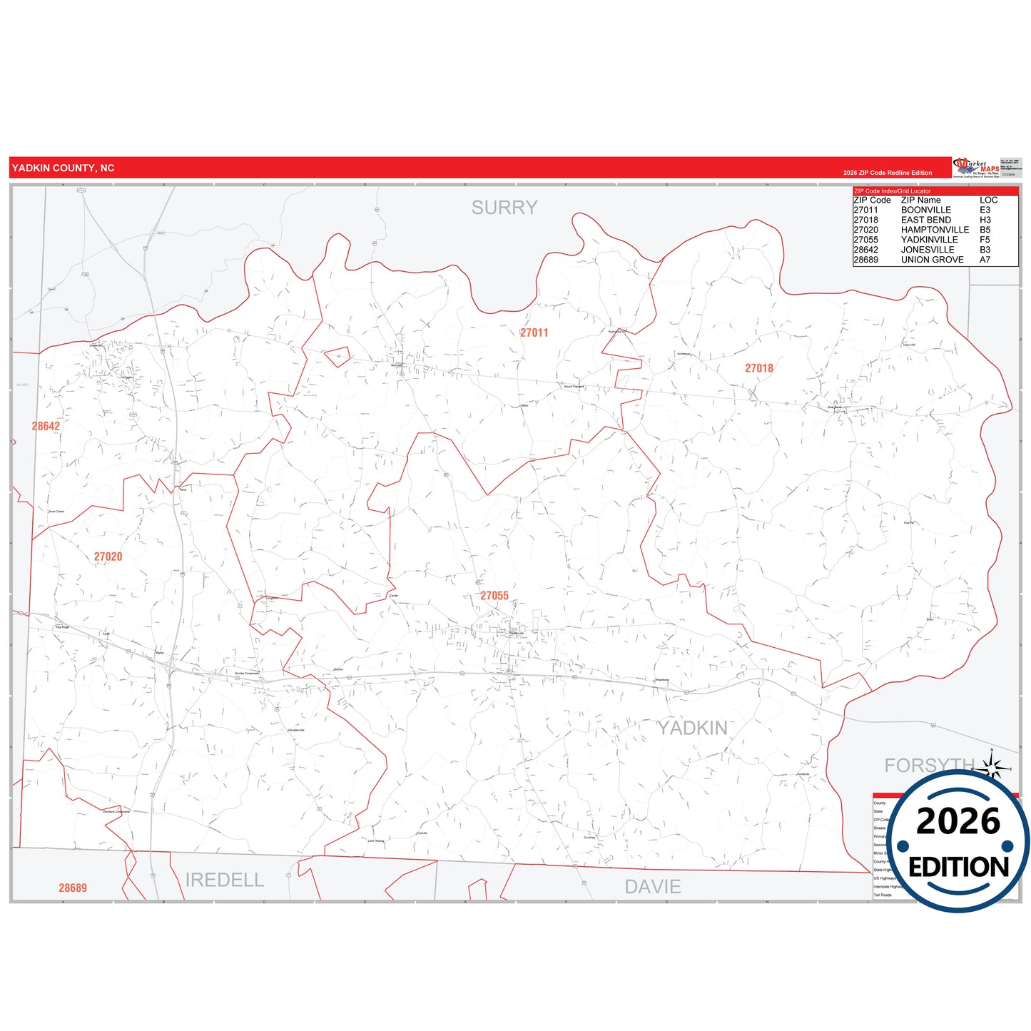 Yadkin County, NC Red Line 5 Digit ZIP Code Wall Map