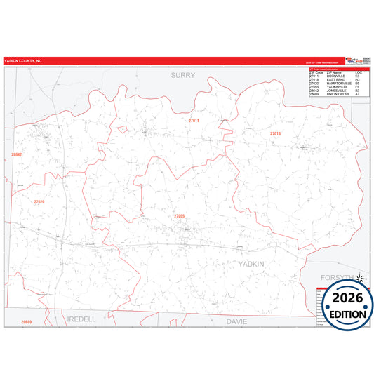 Yadkin County, NC Red Line 5 Digit ZIP Code Wall Map