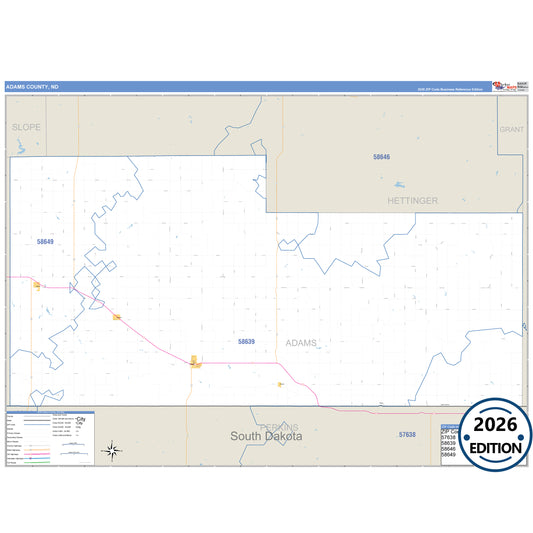 Adams County, ND Business Reference 5 Digit ZIP Code Wall Map