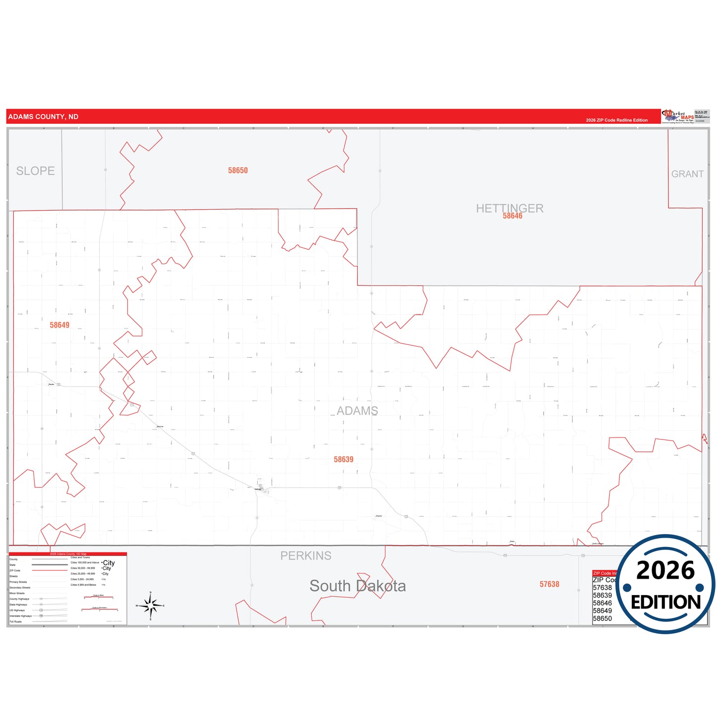 Adams County, ND Red Line 5 Digit ZIP Code Wall Map