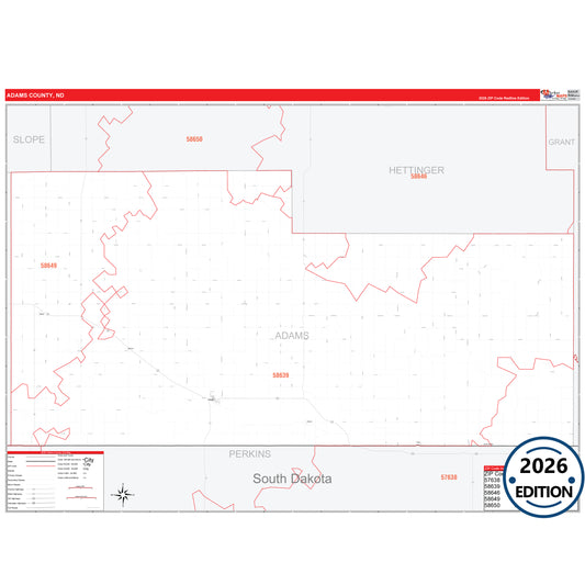 Adams County, ND Red Line 5 Digit ZIP Code Wall Map