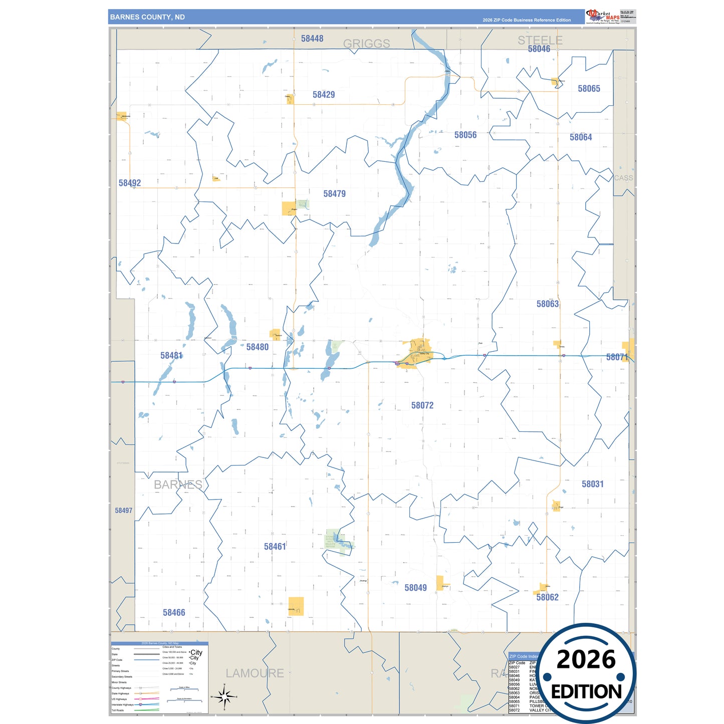 Barnes County, ND Business Reference 5 Digit ZIP Code Wall Map