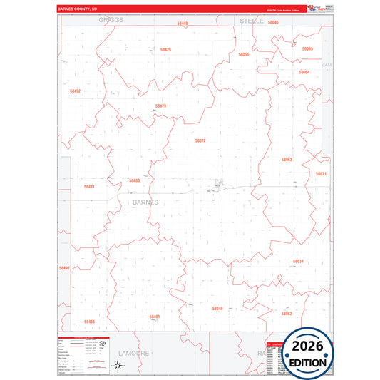 Barnes County, ND Red Line 5 Digit ZIP Code Wall Map