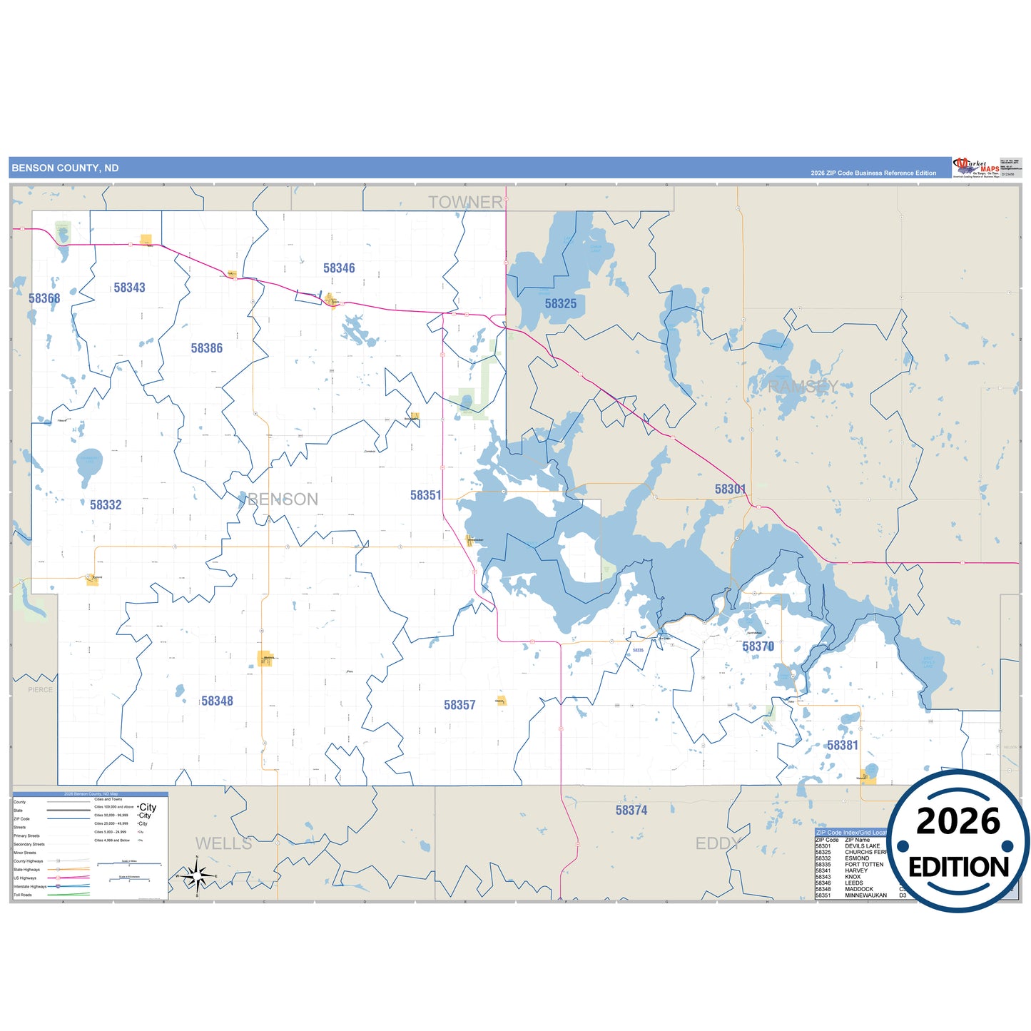 Benson County, ND Business Reference 5 Digit ZIP Code Wall Map