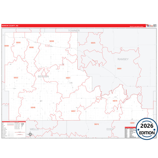 Benson County, ND Red Line 5 Digit ZIP Code Wall Map