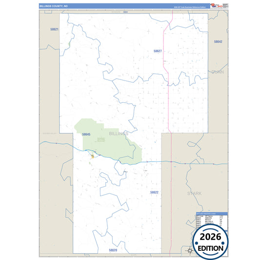 Billings County, ND Business Reference 5 Digit ZIP Code Wall Map
