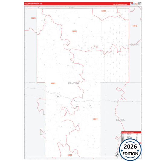 Billings County, ND Red Line 5 Digit ZIP Code Wall Map