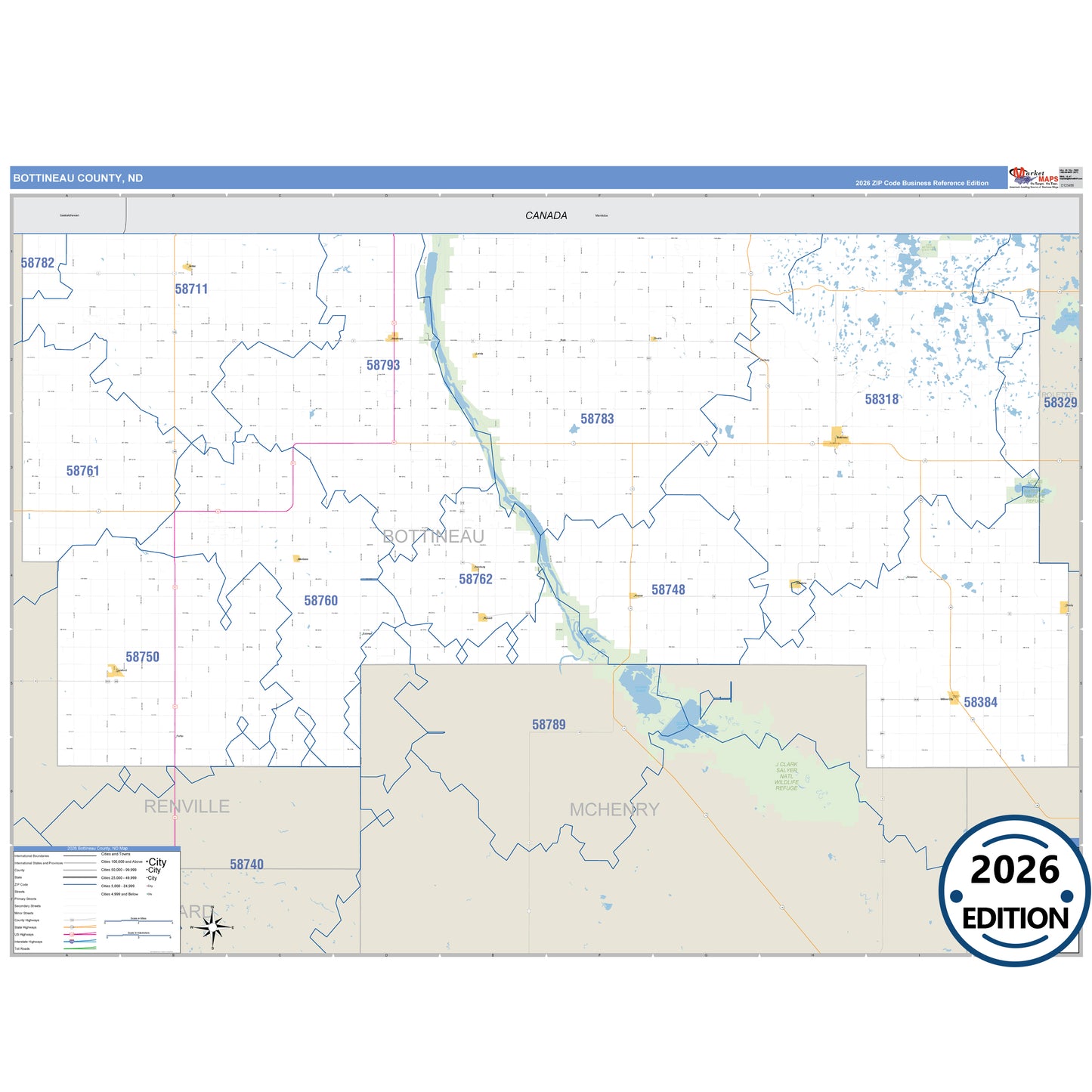 Bottineau County, ND Business Reference 5 Digit ZIP Code Wall Map