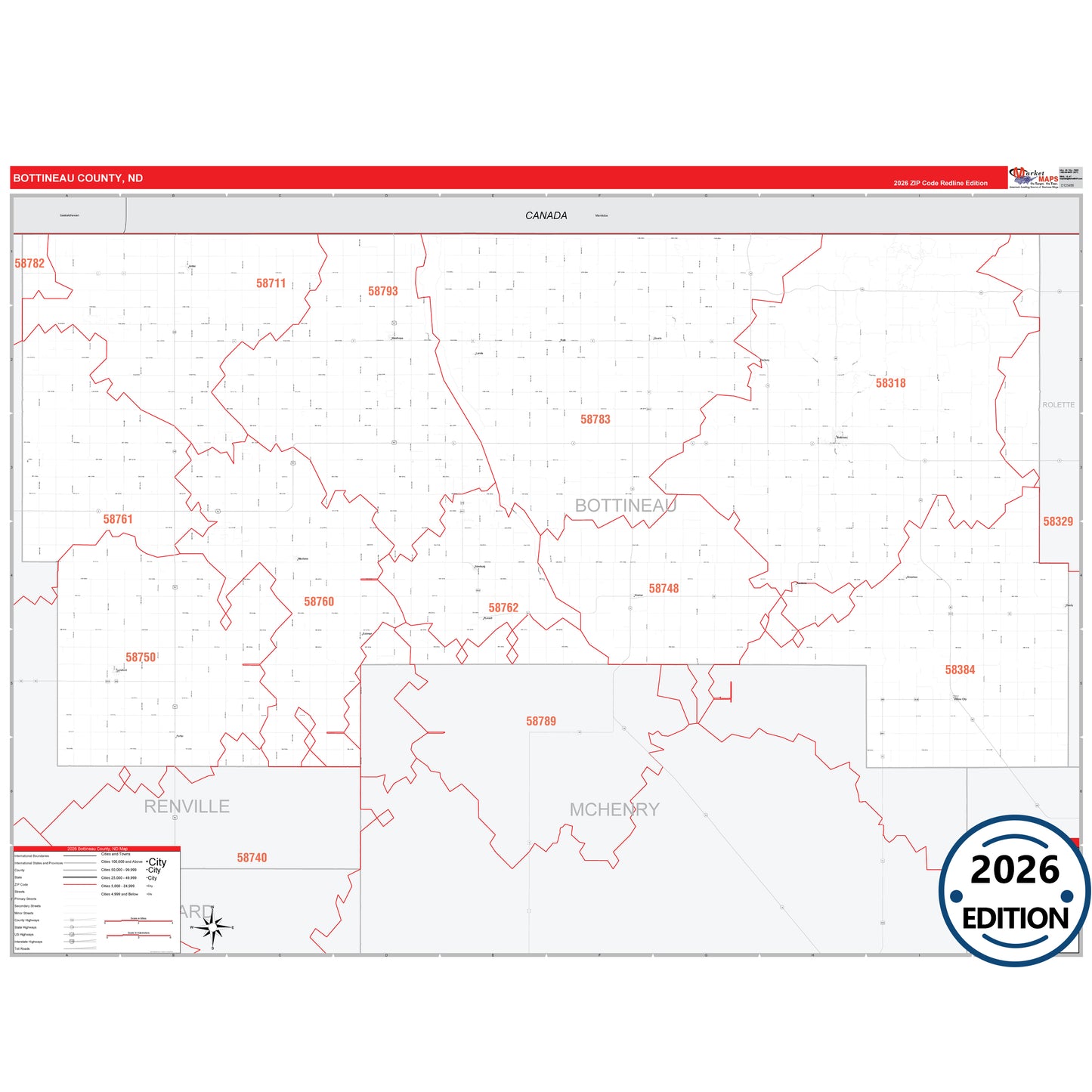 Bottineau County, ND Red Line 5 Digit ZIP Code Wall Map