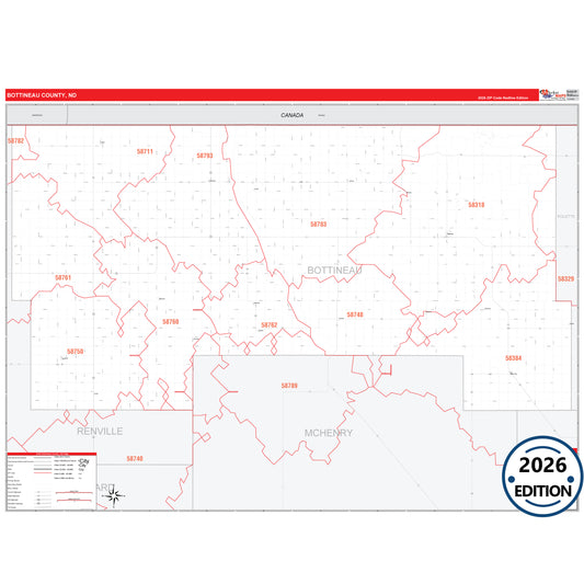 Bottineau County, ND Red Line 5 Digit ZIP Code Wall Map