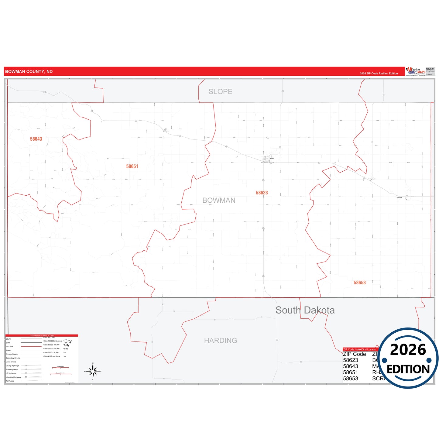Bowman County, ND Red Line 5 Digit ZIP Code Wall Map