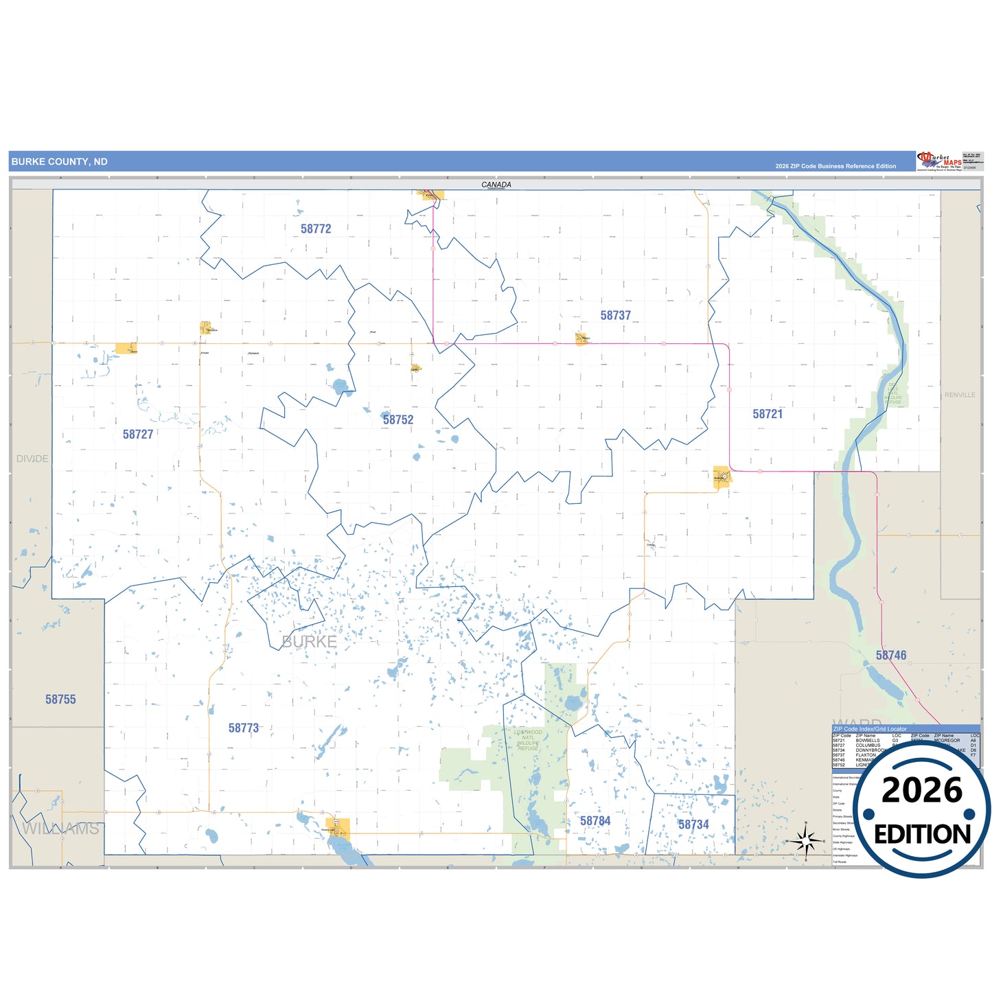 Burke County, ND Business Reference 5 Digit ZIP Code Wall Map