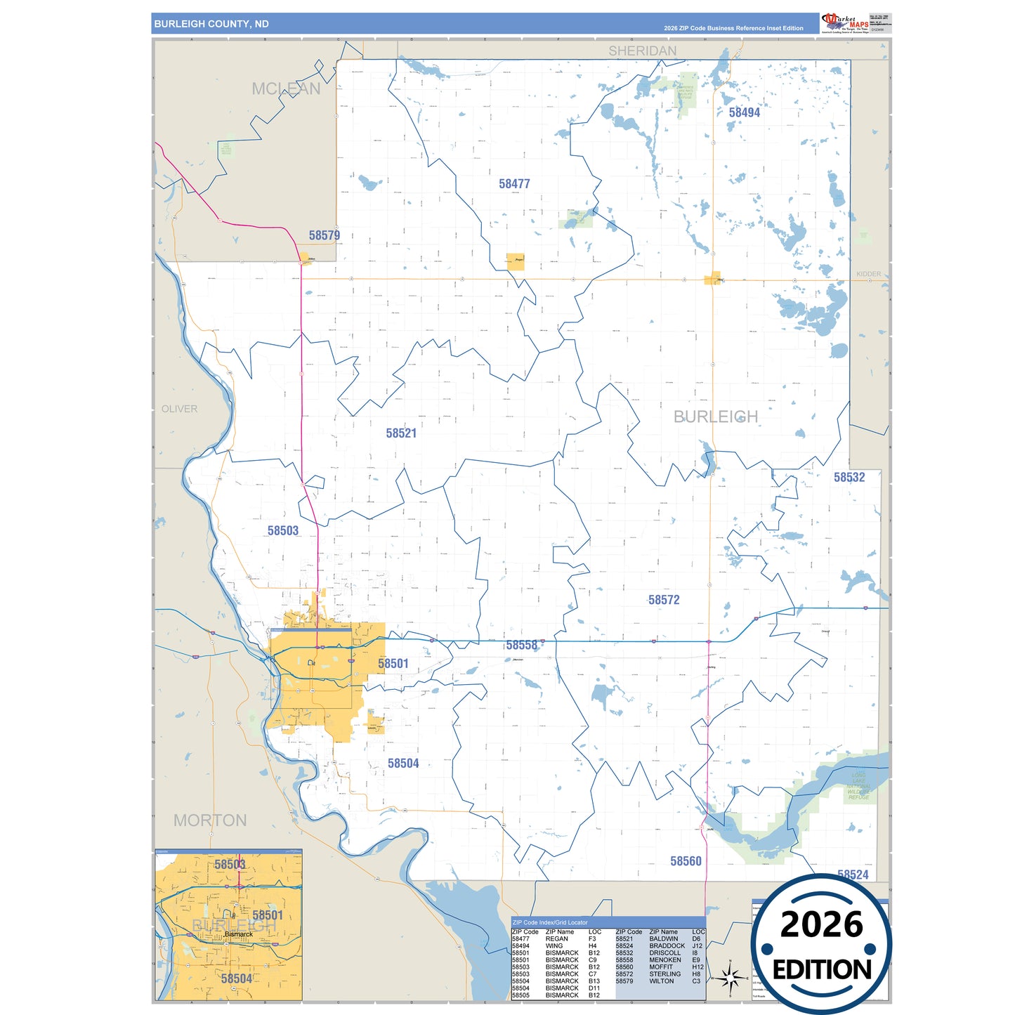 Burleigh County, ND Business Reference 5 Digit ZIP Code Wall Map
