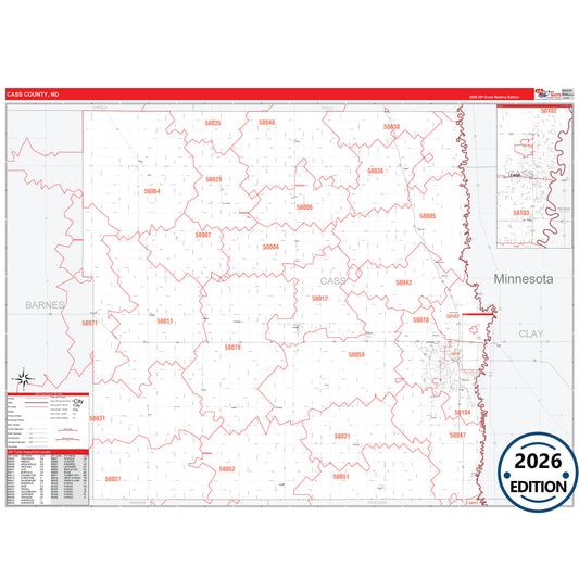 Cass County, ND Red Line 5 Digit ZIP Code Wall Map