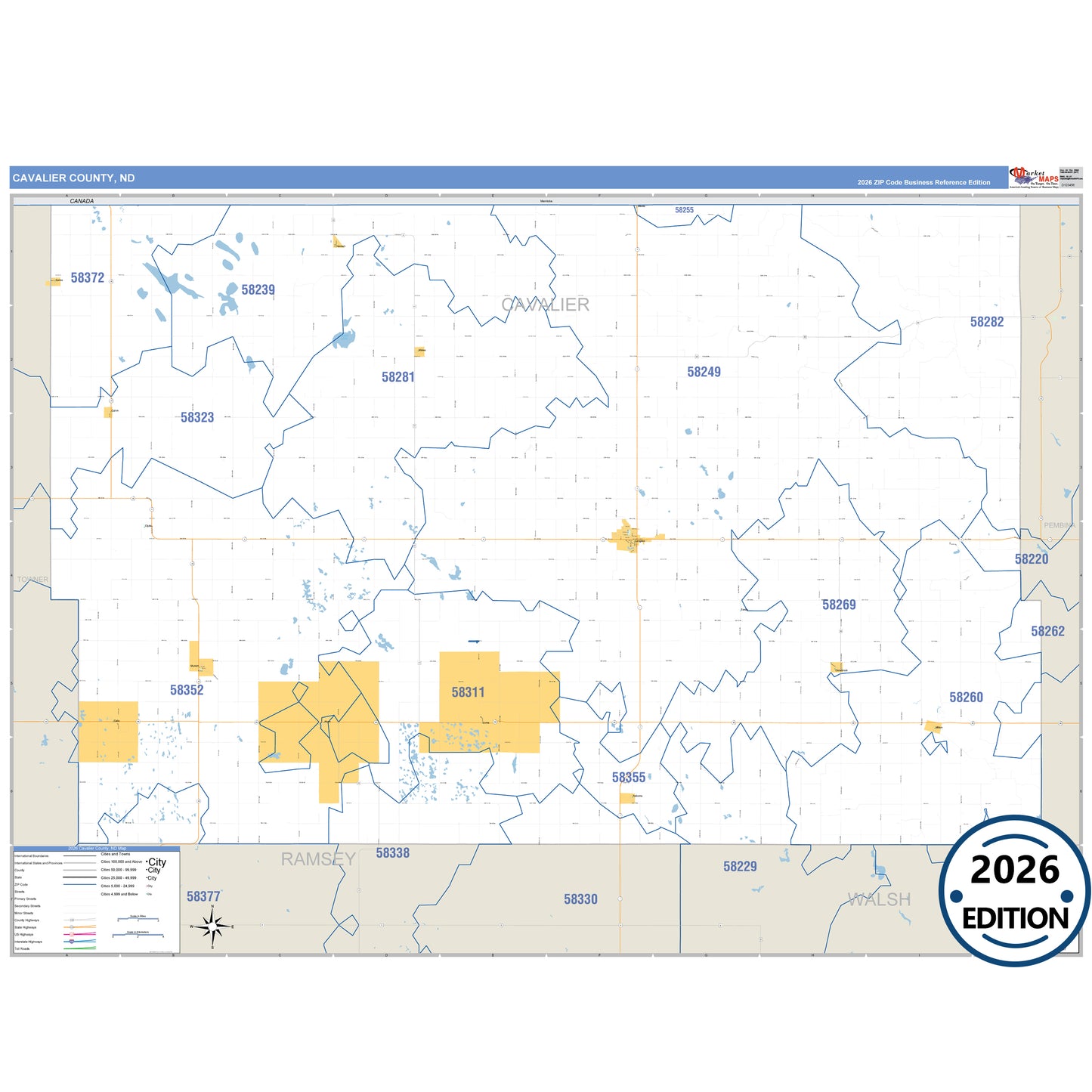 Cavalier County, ND Business Reference 5 Digit ZIP Code Wall Map