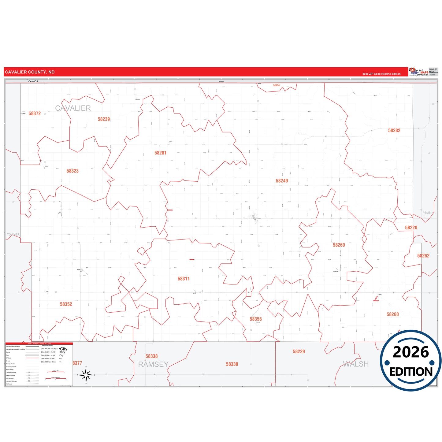 Cavalier County, ND Red Line 5 Digit ZIP Code Wall Map