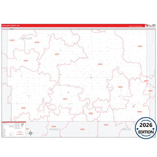 Cavalier County, ND Red Line 5 Digit ZIP Code Wall Map
