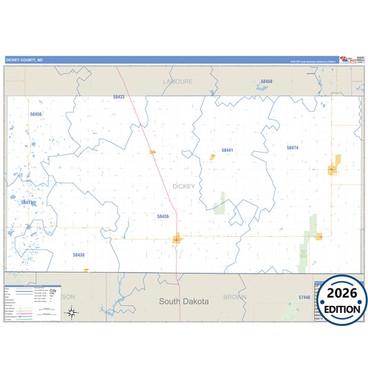 Dickey County, ND Business Reference 5 Digit ZIP Code Wall Map