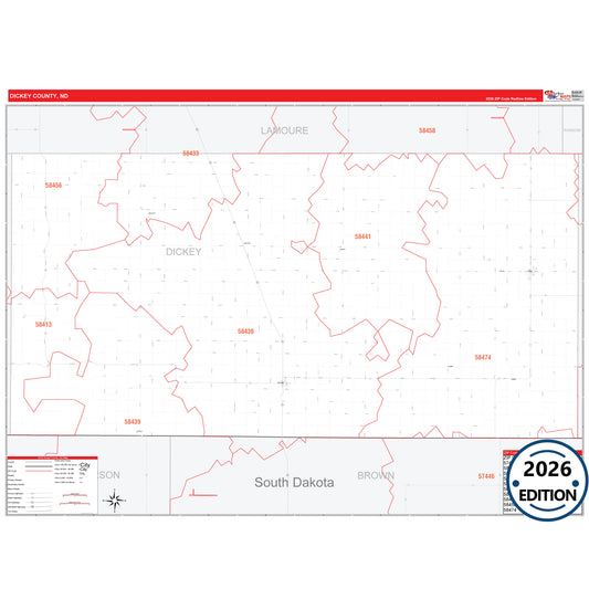 Dickey County, ND Red Line 5 Digit ZIP Code Wall Map