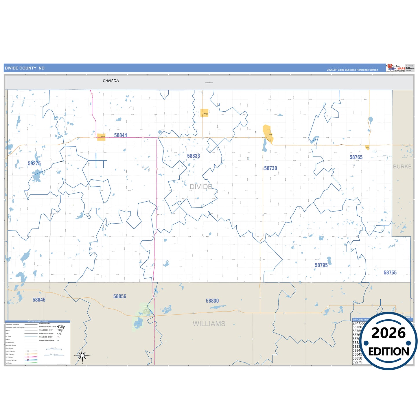 Divide County, ND Business Reference 5 Digit ZIP Code Wall Map