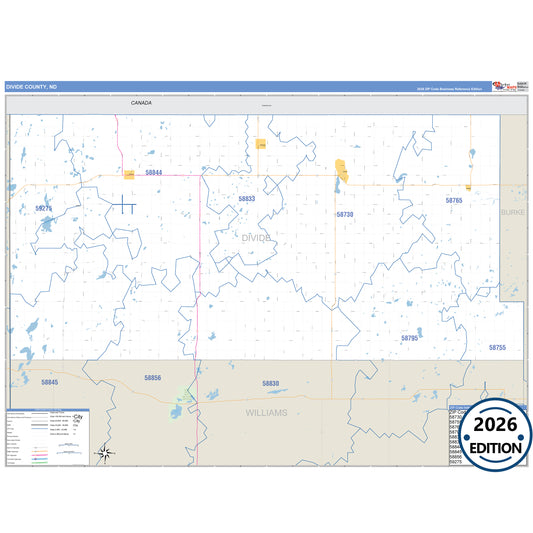 Divide County, ND Business Reference 5 Digit ZIP Code Wall Map