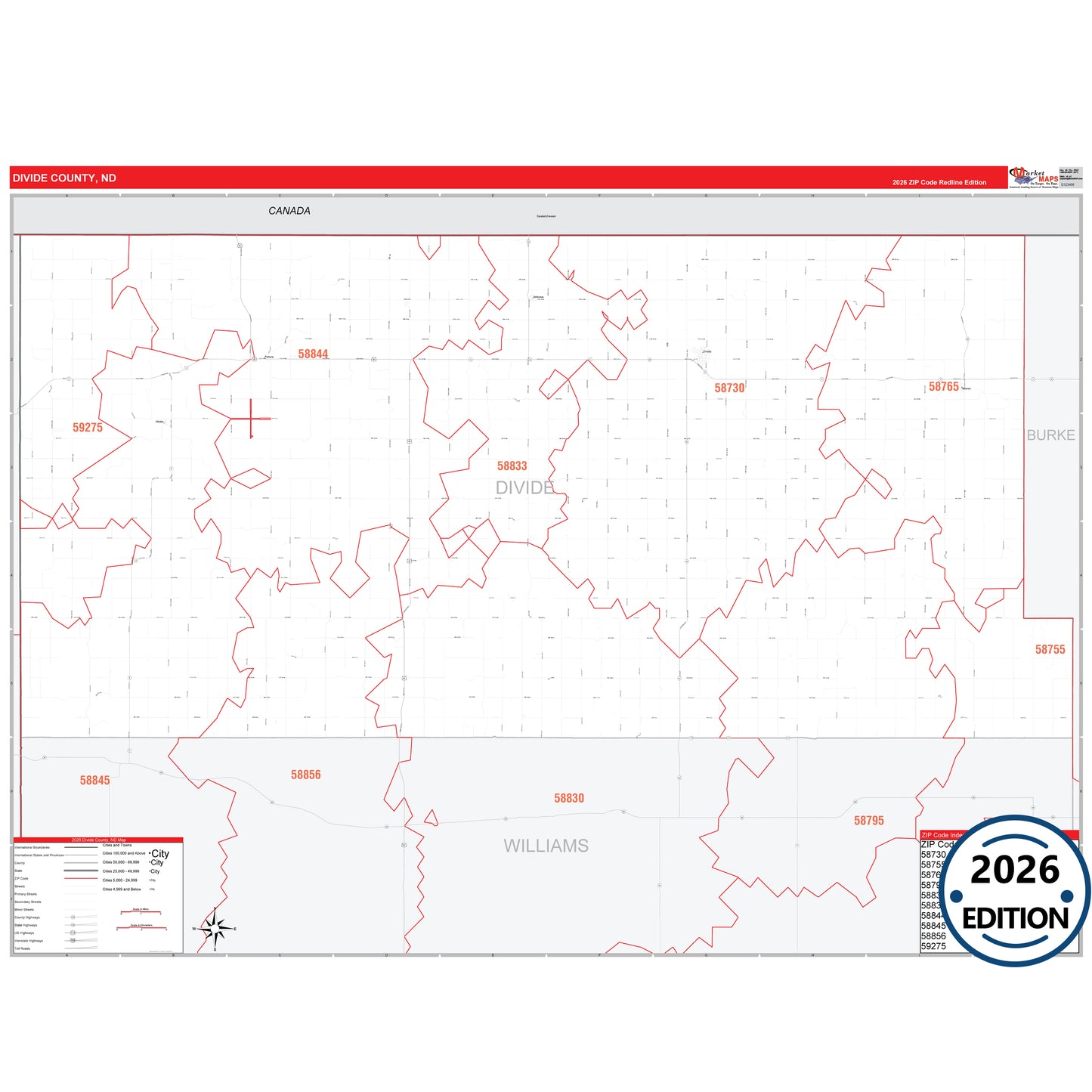 Divide County, ND Red Line 5 Digit ZIP Code Wall Map