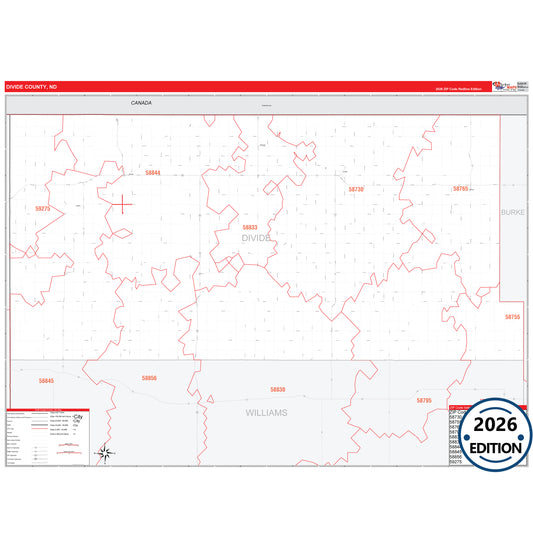 Divide County, ND Red Line 5 Digit ZIP Code Wall Map