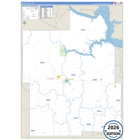 Dunn County, ND Business Reference 5 Digit ZIP Code Wall Map
