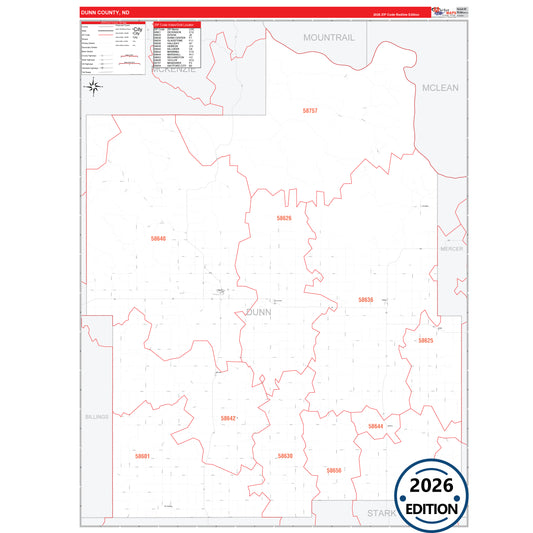 Dunn County, ND Red Line 5 Digit ZIP Code Wall Map