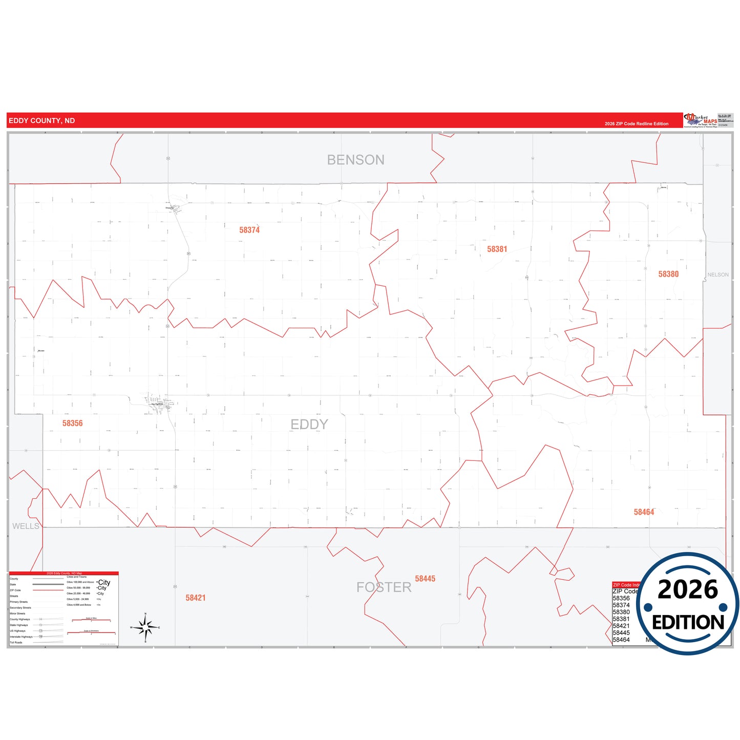 Eddy County, ND Red Line 5 Digit ZIP Code Wall Map