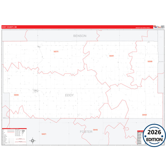 Eddy County, ND Red Line 5 Digit ZIP Code Wall Map