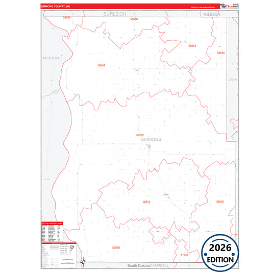 Emmons County, ND Red Line 5 Digit ZIP Code Wall Map