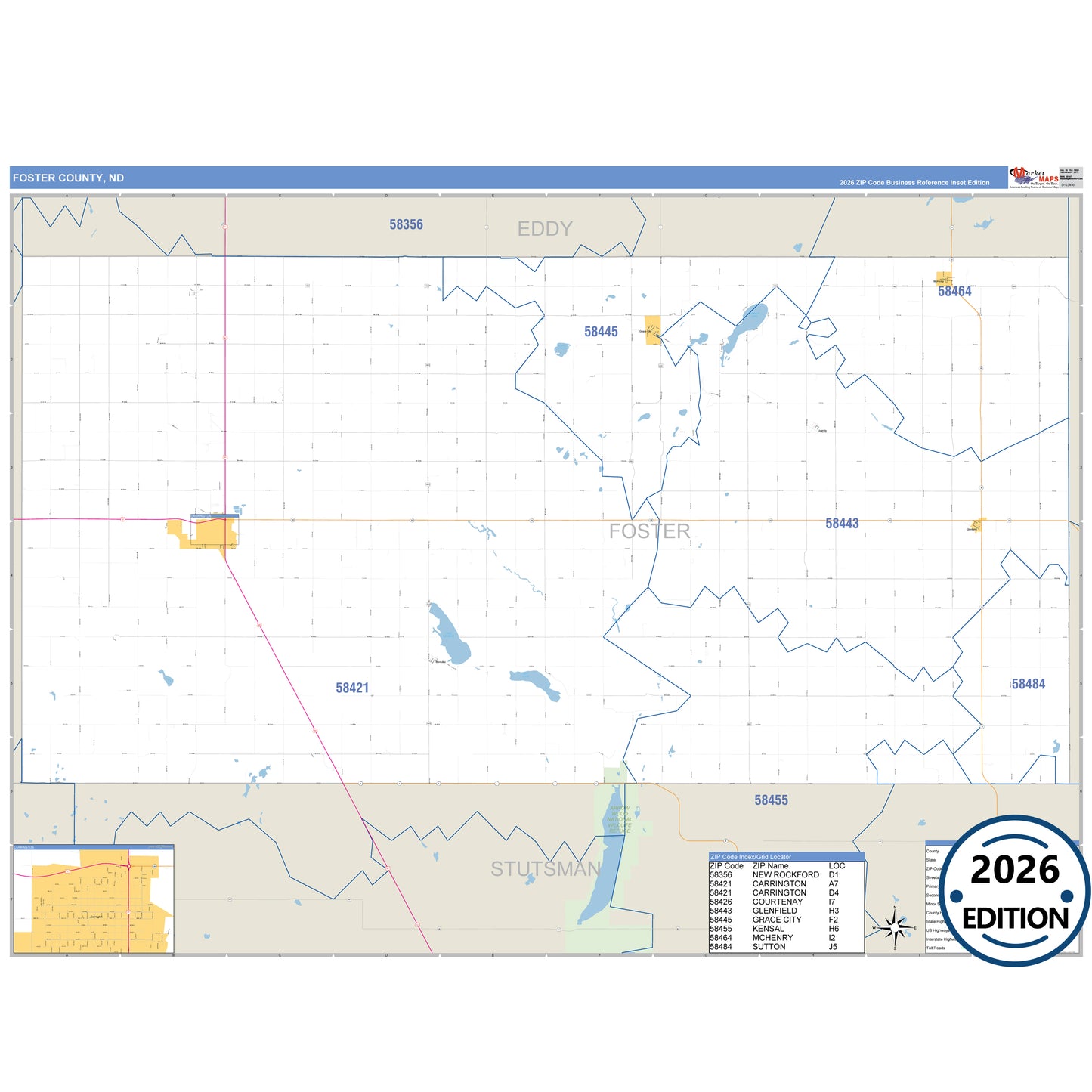 Foster County, ND Business Reference 5 Digit ZIP Code Wall Map