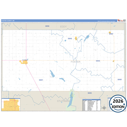 Foster County, ND Business Reference 5 Digit ZIP Code Wall Map