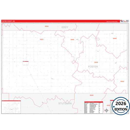 Foster County, ND Red Line 5 Digit ZIP Code Wall Map