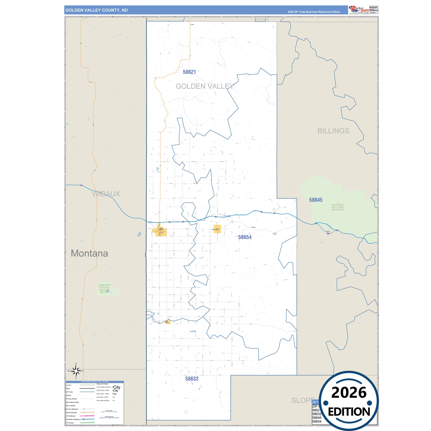 Golden Valley County, ND Business Reference 5 Digit ZIP Code Wall Map