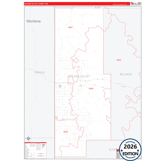 Golden Valley County, ND Red Line 5 Digit ZIP Code Wall Map