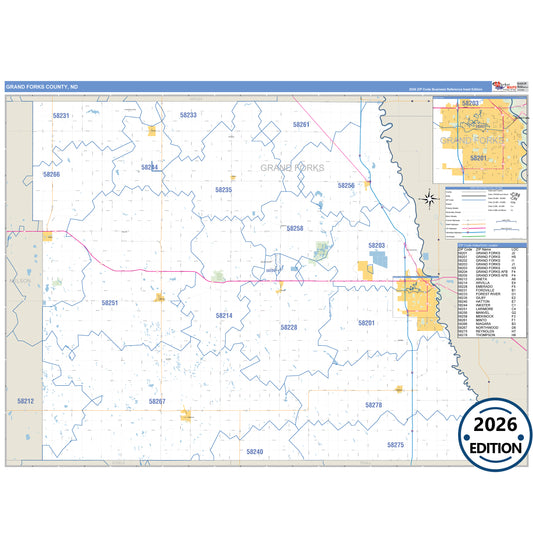 Grand Forks County, ND Business Reference 5 Digit ZIP Code Wall Map