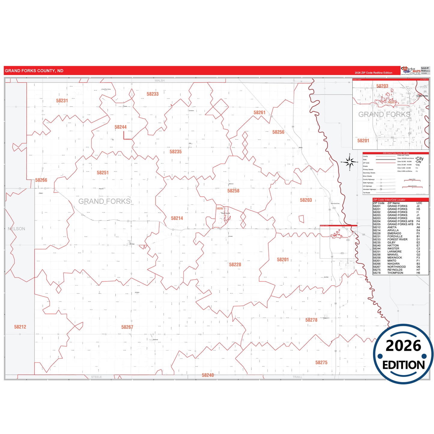 Grand Forks County, ND Red Line map with detailed roads, cities, and ZIP code boundaries.