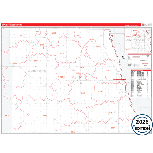 Grand Forks County, ND Red Line 5 Digit ZIP Code Wall Map